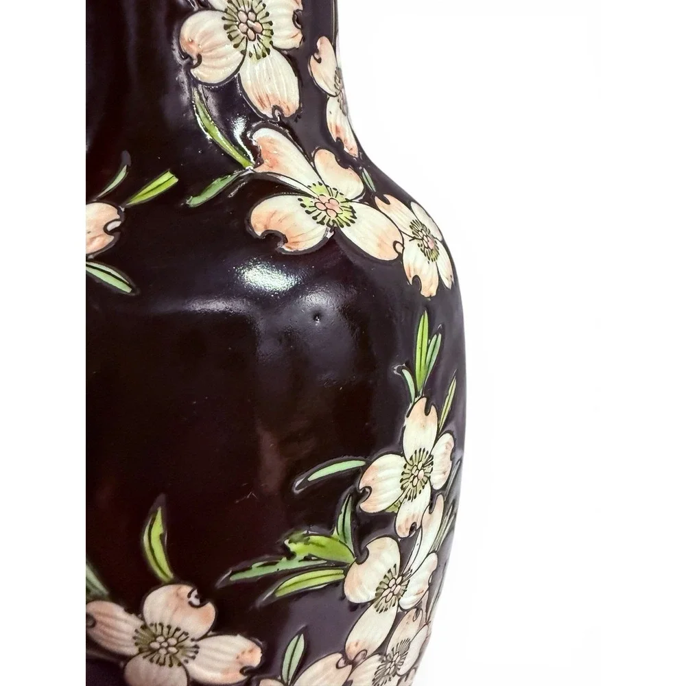 Vintage Japanese Vase Chinoiserie Cherry Blossom Dogwood Flower 8